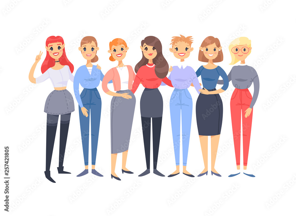 Set of a group of different caucasian women. Cartoon style european characters. Vector illustration american  people