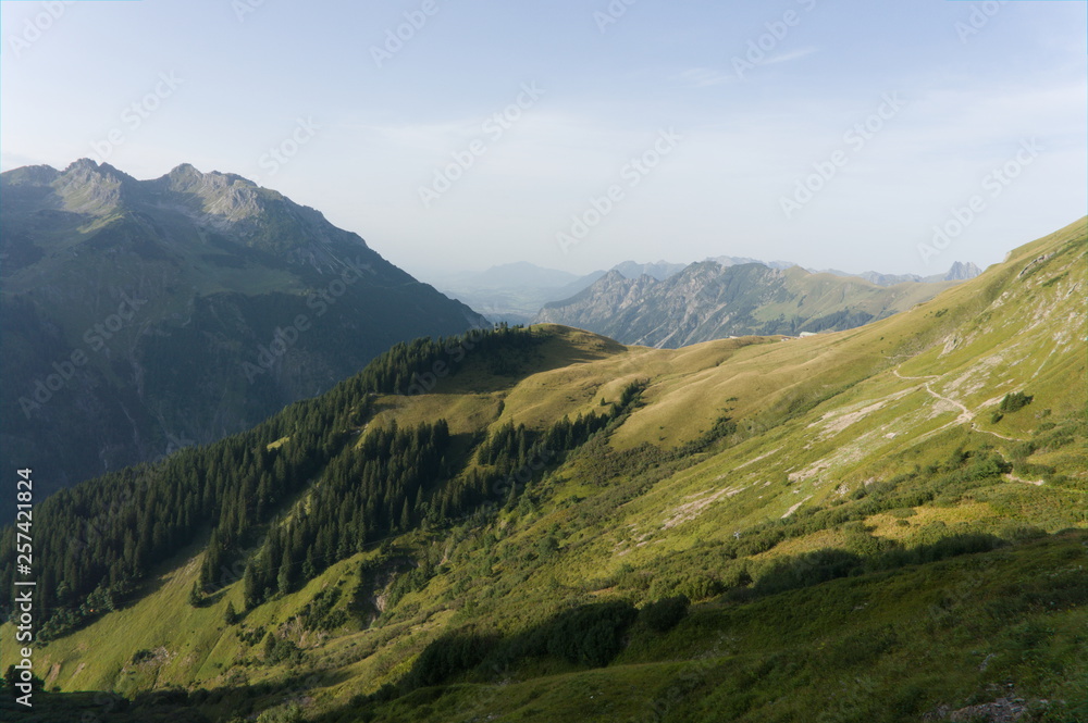 Idyllic summer landscape with hiking trail in the Alps with beautiful fresh green mountain pastures, Allgäu Germany