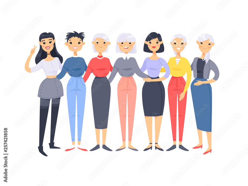 Set of a group of different asian american women. Cartoon style characters of different ages. Vector illustration people Set of a group of different asian american women. Cartoon style characters of different ages. Vector illustration people