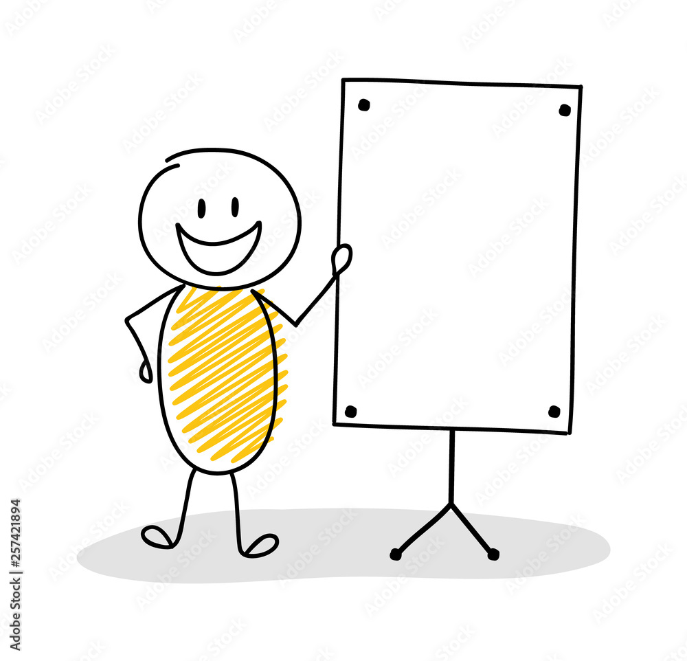 Funny hand drawn stickman with empty whiteboard. Vector