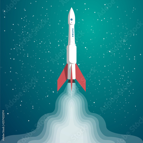 Vector flat illustration with rocket launch on space background with stars.