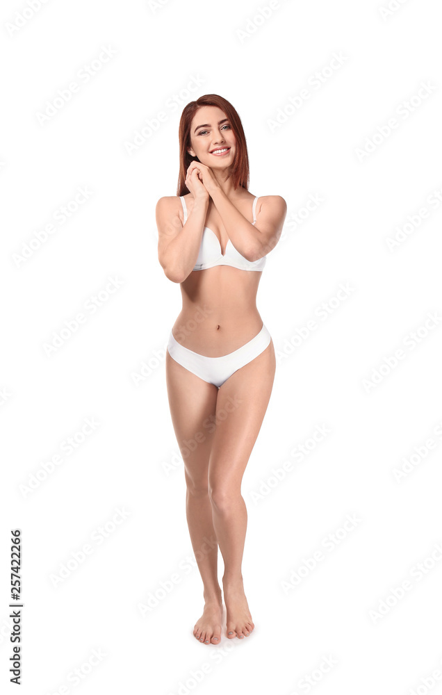 Beautiful young woman in underwear on white background Beautiful young woman in underwear on white background