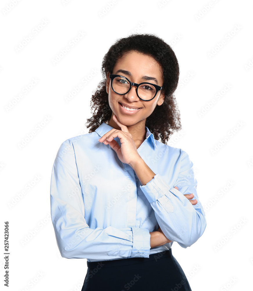 African-American woman in formal clothes on white background African-American woman in formal clothes on white background