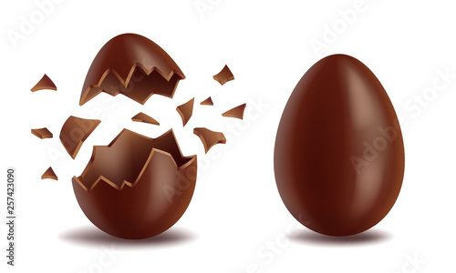 Realistic chocolate eggs set, broker, exploded and whole, sweet tasty eggshell, easter symbol, vector illustration isolated on white