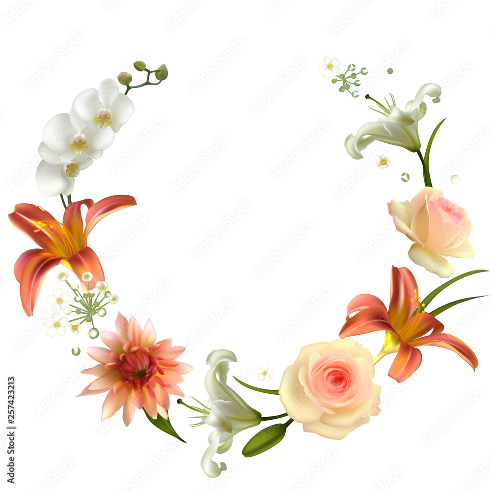 Obraz premium Flowers. Floral background. Lilies. Dahlia. White orchids. Pink roses. Green leaves. Buds. Petals. Wreath.