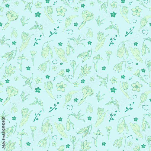 vector floral seamless pattern. Pastel colours hand drawn flowers on light blue backdrop for fabric, wallpaper, backgrounds, print