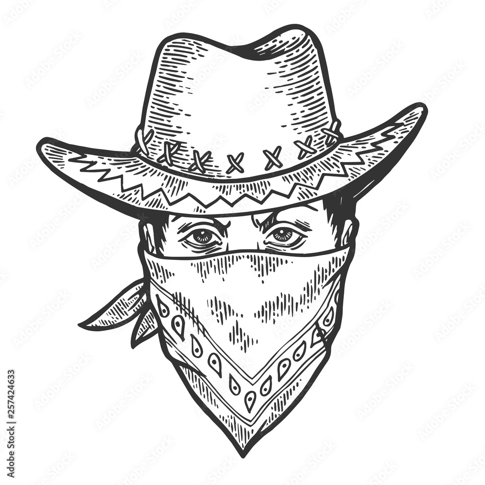 Cowboy head in bandit gangster mask bandana sketch engraving vector  illustration. Scratch board style imitation. Hand drawn image. Stock ベクター |  Adobe Stock
