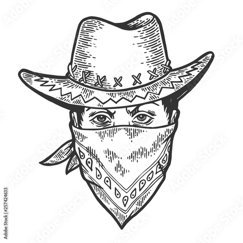 Fotografia Cowboy head in bandit gangster mask bandana sketch engraving vector illustration
