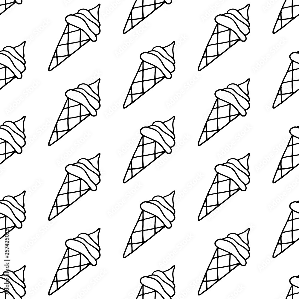 Fototapeta premium Cute cartoon ice cream pattern with hand drawn ice cream. Sweet vector black and white ice cream pattern. Seamless monochrome doodle ice cream pattern for fabric, wallpapers, wrapping paper and web.