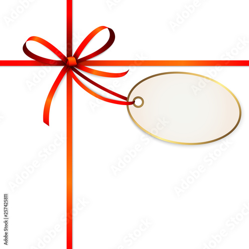 red colored ribbon bow with hang tag