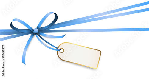 blue colored ribbon bow with hang tag