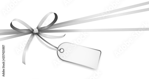 silver colored ribbon bow with hang tag