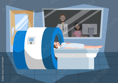 MRI process. Young woman lying in the machine