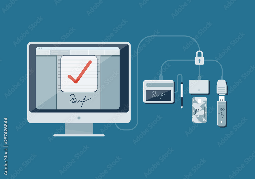 Flat illustration on the theme of digital signature Flat illustration on the theme of digital signature
