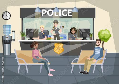 Police station building interior. Police officer inside