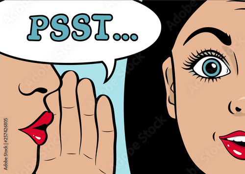 Gossip girl whispering in ear secrets, rumor. Word-of-mouth. Close up. Speech bubble Psst! Vector illustration in Pop Art  style photo