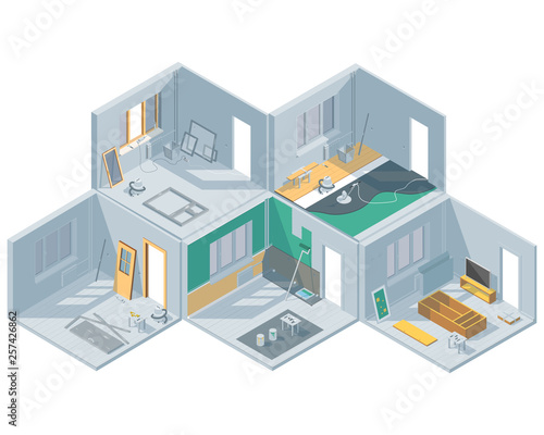 Isometric set on the theme of room renovation. Furniture assembly. Laying of laminate and screed. Door installation. Wall painting.
