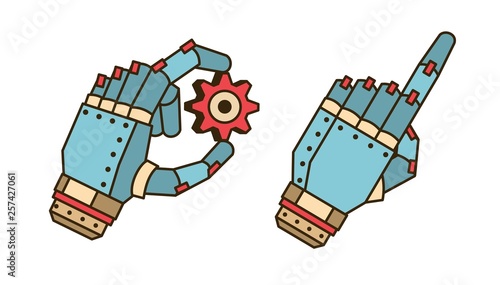 The hand of the robot holds the gear
