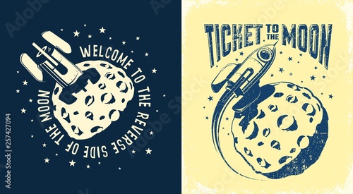 Space Rocket crashed into the moon. Ticket to the moon poster. Vector retro illustration. Worn texture on a separate layer.