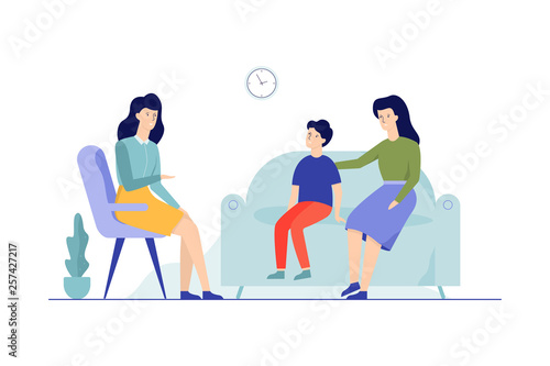 Mother with child sitting on the couch talking to female