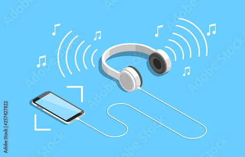 isometric headphones and smartphone, listening to music
