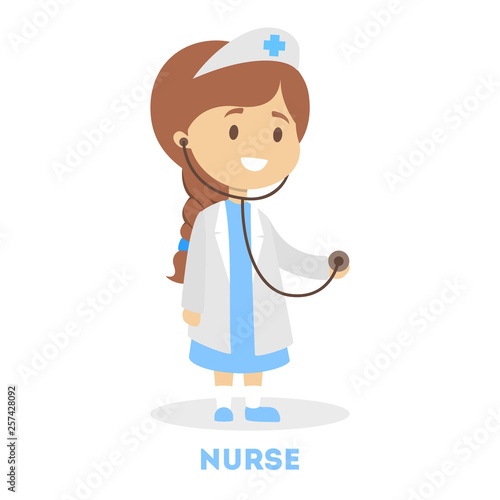 Cute little girl in a doctor uniform. Kid play