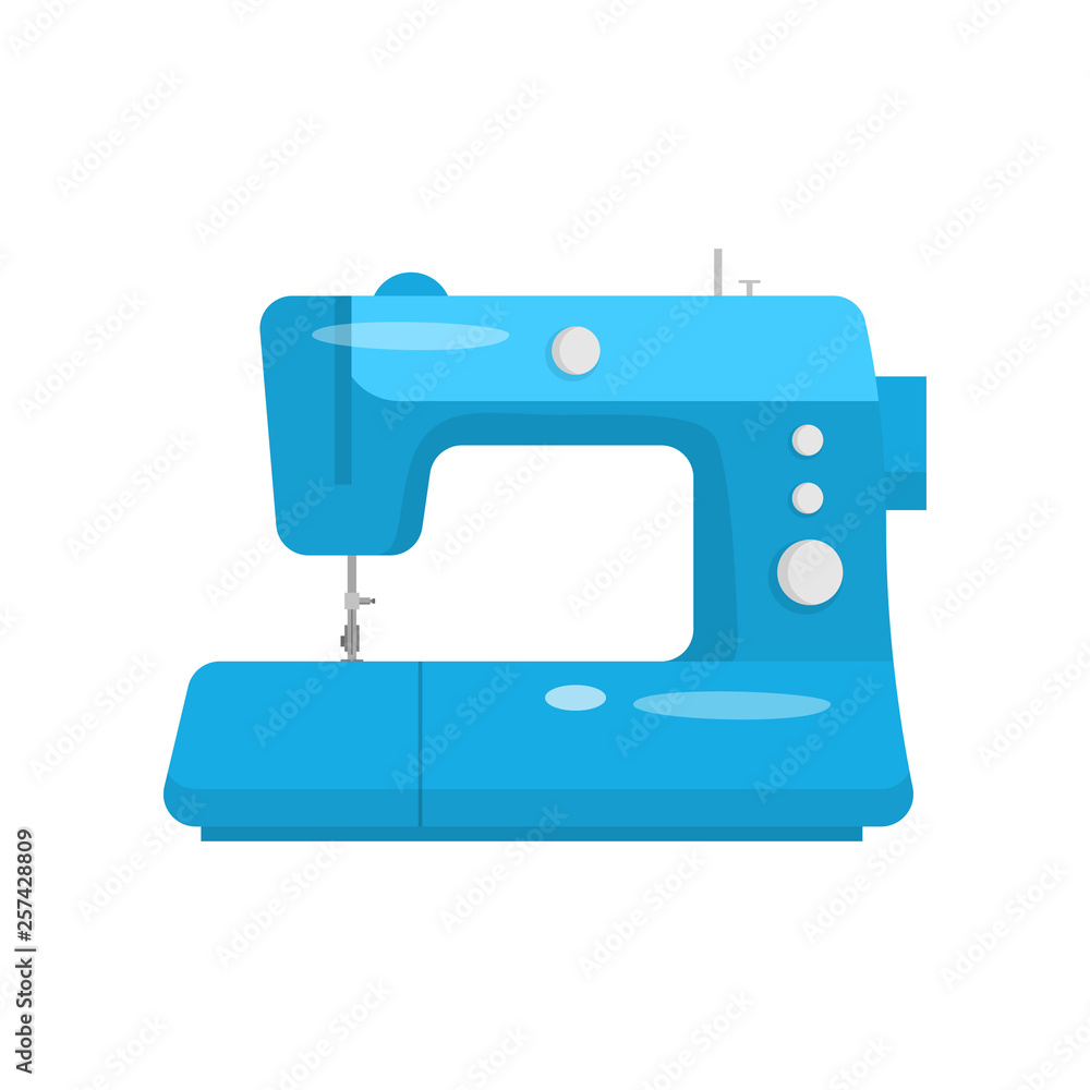 Professional sewing machine in blue case for home and industrial use isolated flat Professional sewing machine in blue case for home and industrial use isolated flat