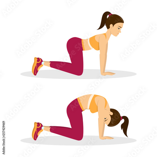 Woman doing cat cow exercise. Back stretch