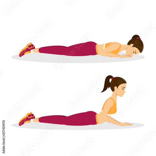Woman doing back extension exercise. Back stretch