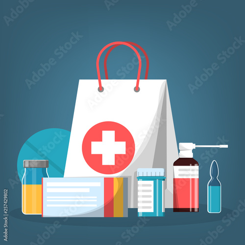 Medication set. Collection of pharmacy drug in bottle