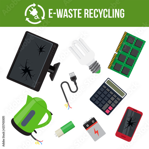 Vector illustration: icons collection of e-waste. E waste garbage recycling and sorting. Isolated trash icons.