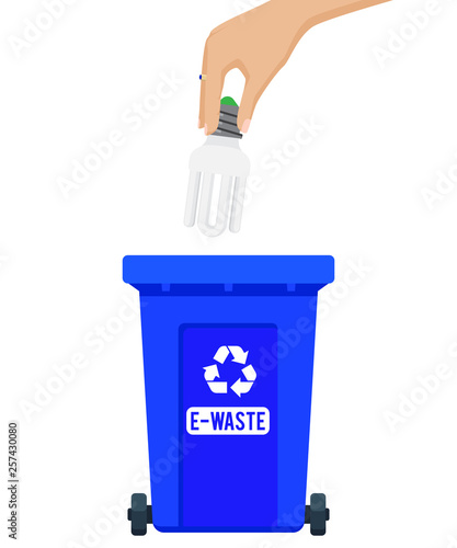 Vector illustration: e-waste throw out. Woman hand throwing away a bulb in garbage container. Trash sorting concept. Colorful trash bin.