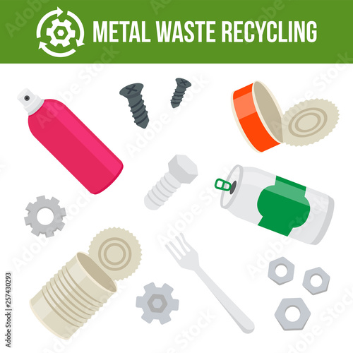 Vector illustration: icons collection of metal waste. Metal garbage recycling and sorting. Isolated trash icons.