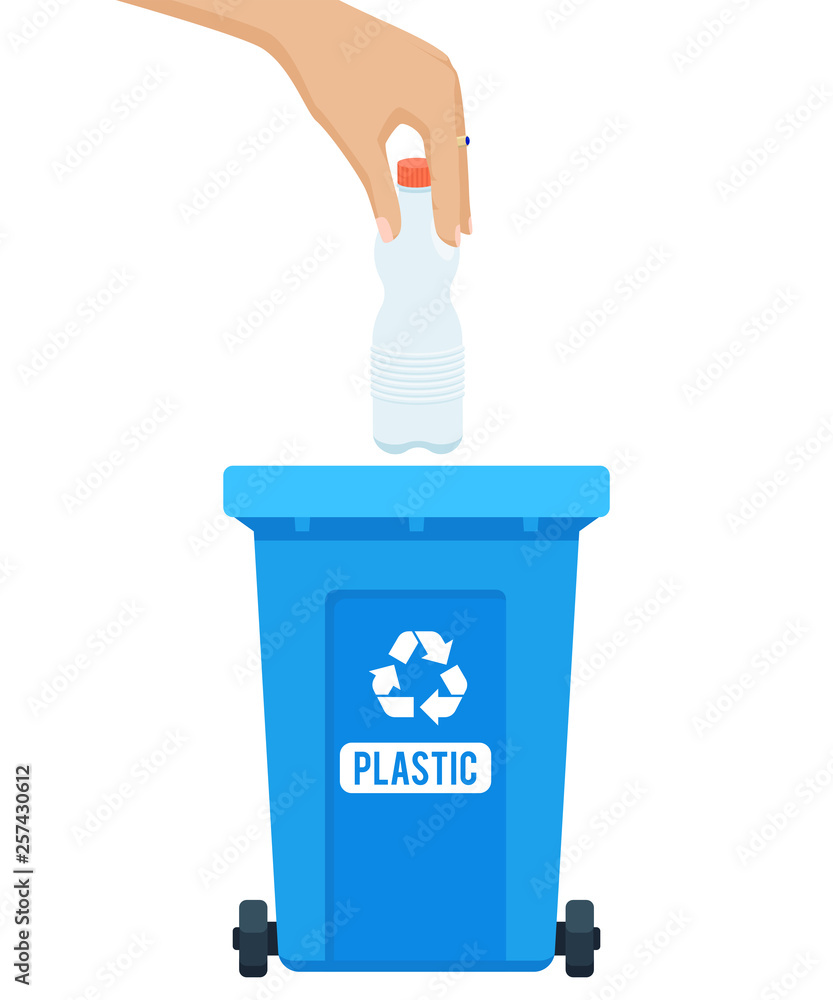 Vector illustration plastic waste throw out. Woman hand throwing away