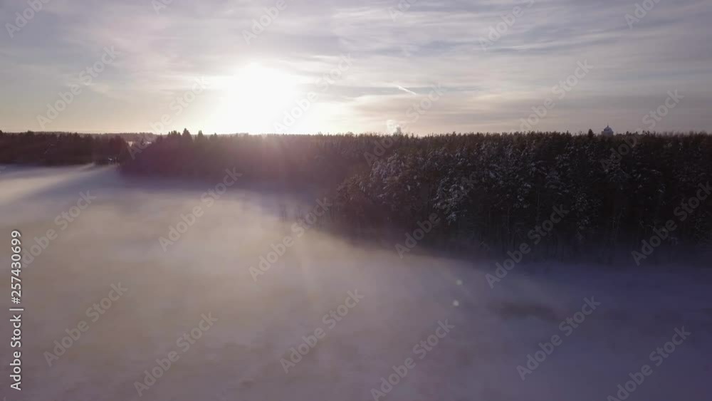 Aerial foggy winter sunset landscape Aerial foggy winter sunset landscape
