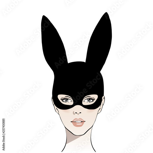 Animation portrait of the beautiful girl in black mask rabbit. Template for erotic content. Vector illustration isolated on a white background. Print, poster, t-shirt, card, emblem.