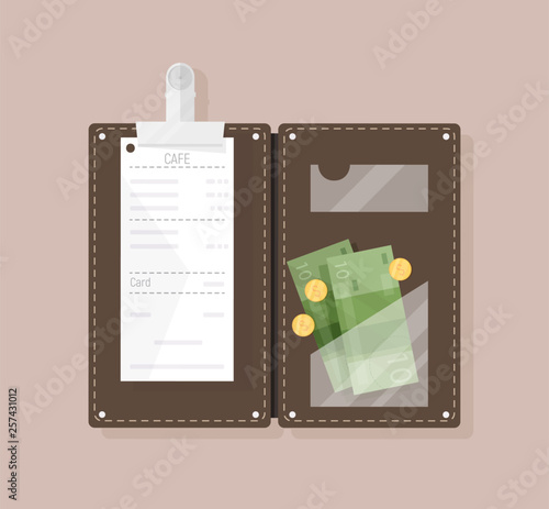 Open bill holder or check presenter with restaurant receipt, money banknotes and coins, top view