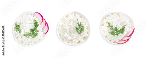 Set of fresh natural cottage cheese in a white ceramic bowl isolated on white. Green dill. An overhead photo of organic eco healthy meal, dairy product. Top view.