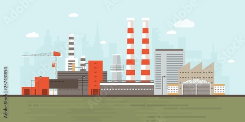 Industrial park or zone with factory buildings, manufacturing structures, power plants, warehouses, cooling towers against city skyline in background. Flat cartoon colorful vector illustration.