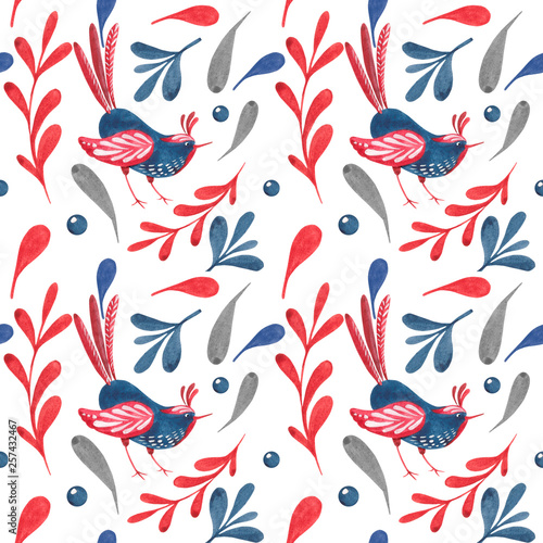 Illustration with birds and flowers in a Scandinavian style. Folk art.