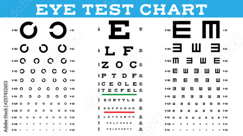 Eye Test Chart Set Vector. Vision Test. Optical Exam. Healthy Sigh. Medical Care. Ophthalmologist. Glaucoma Illustration photo