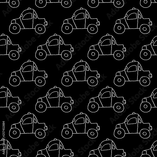 Cartoon car pattern with hand drawn cars. Cute vector black and white car pattern. Seamless monochrome car pattern for fabric, wallpapers, wrapping paper, cards and web backgrounds.