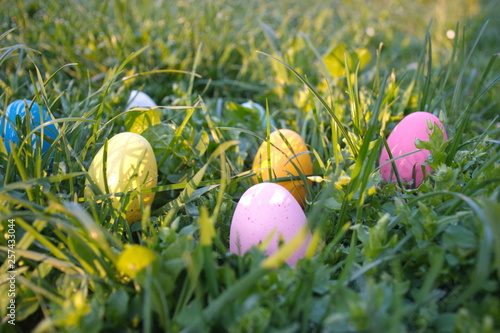 Картината върху платно Colorful Easter eggs hidden in the grass