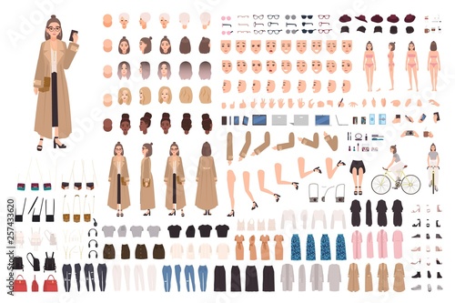 Young hipster girl in trench coat creation set or DIY kit. Set of body parts, stylish clothes, trendy accessories, emotions. Female cartoon character. Front, side, back views. Vector illustration.