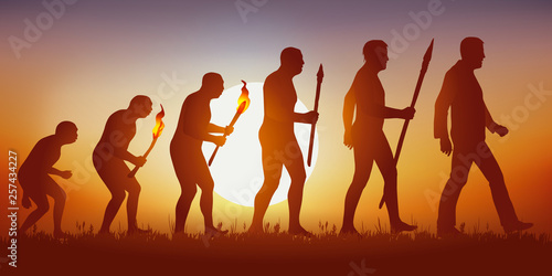 Concept de la théorie de l’évolution de Darwin, illustré avec la transformation de la silhouette humaine, de homme primitif à l’homme moderne.