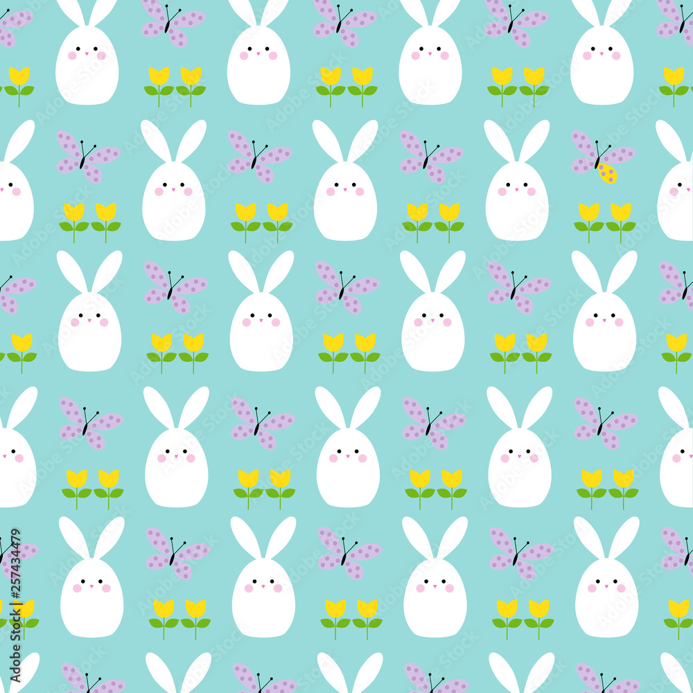 white easter bunnies tulips and butterflies pattern
