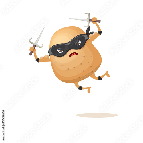 vector cartoon ninja potato character with black super hero mask and ninja knife sai isolated on white background. super funky vegetable food character