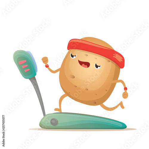 Cartoon funky potato character running or jogging on treadmill isolated on white background. Cute sporty vegetable character making cardio sport exercise. Fitness cardio concept