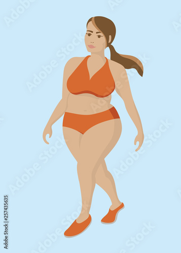 chubby woman in a orange bikini - body positive