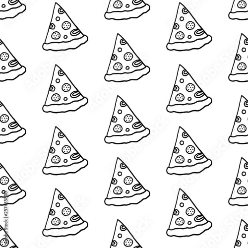 Trendy pizza pattern with hand drawn pizza slices. Cute vector black and white pizza pattern. Seamless monochrome pizza pattern for fabric, wallpapers, wrapping paper, cards and web backgrounds.